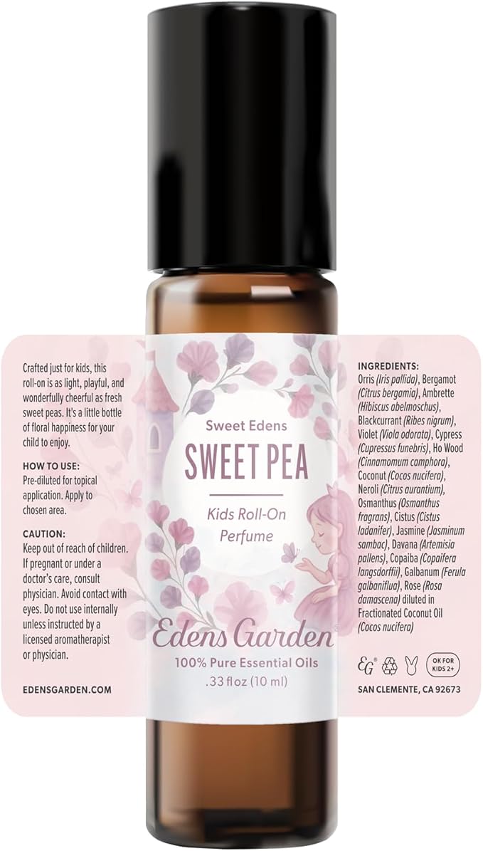 Edens Garden Sweet Pea Kids Roll-On Perfume – Pre-Diluted Essential Oil Floral Blend, Natural Aromatherapy, Skin Safe Gift for Girls, 10 ml (.33 fl oz)