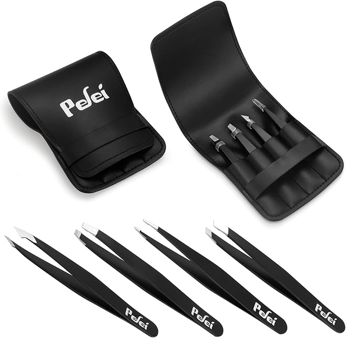Pefei Tweezers Set - Professional Stainless Steel Tweezers for Eyebrows - Great Precision for Facial Hair, Splinter and Ingrown Hair Removal (Black)