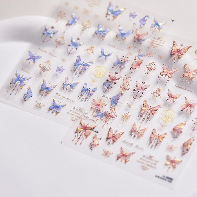 Butterfly Nail Art Stickers Decals 5D Butterfly Nail Stickers Pink Seashell 5D Embossed Shinny Butterflies Nails Design Decals Butterflies Stickers for Women DIY Manicure Nails Art Decorations