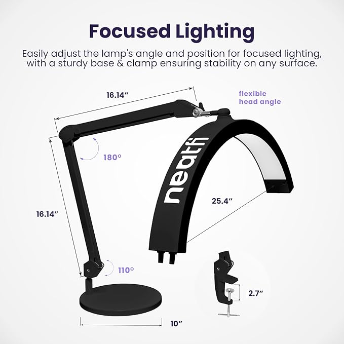 Neatfi Half Moon Swing Arm Table Lamp, 2500 Lumens, CCT Dimming, 5 Light Modes, Professional LED Lighting for Estheticians, Ideal for Nail Art, Facials, and Tattoos (with Base and Clamp, Black)
