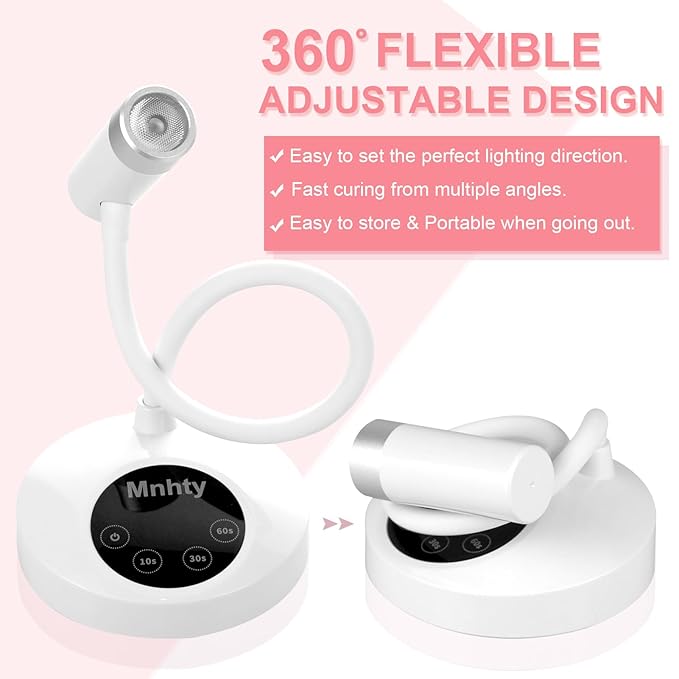 U V LED Nail Lamp, Goose Neck Flash Cure Lamp, Rechargeable Mini U V Light for Gel Nails, Cordless Flash Cure Light with 4 Timers&Sensor, Fast Curing Gooseneck Lamps for Gel X, White