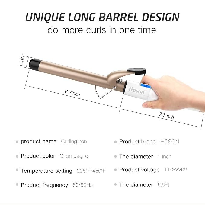 Hoson 1 Inch Curling Iron Professional Ceramic Tourmaline Coating Barrel Hair Curler, LCD Dispaly with 9 Heat Setting(225°F to 450°F for All Hair Types, Glove Include)