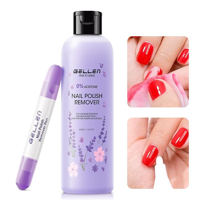 Gellen Nail Polish Remover Set Lavender Scent – Formula with Aloe & Vitamin E, Includes Precision Corrector Pen & 3 Replacement Tips, Acetone-Free & Non-Drying for Regular Nail Polishes
