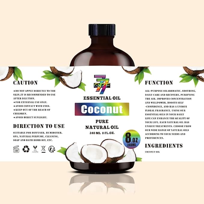 Coconut Essential Oil (8 oz / 240 ml) – Coconut Oils for diffusers, humidifiers, Home Baths, Cleaning Products, Yoga, DIY Soaps and DIY Scented Candles