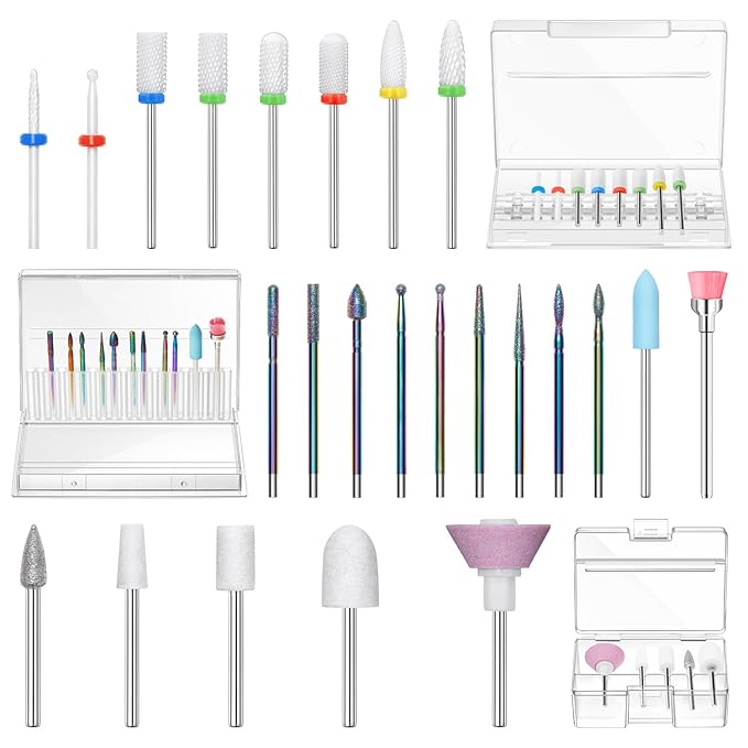 Modelones 24 Pcs Nail Drill Bit Set, 3/32” Ceramic Diamond Carbide Nail Drill Bits, Acrylic Gel Nail Bit Kit, Cuticle Remover Bits for Acrylic Gel Dip Powder Nail Manicure Pedicure