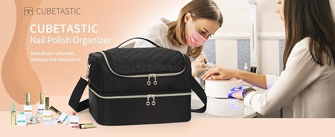 CUBETASTIC Nail Polish Organizer, Nail Tech Organizers and Storage Case Holds 69 Bottles Nail Polish & Nail Lamp, Travel Nail Supplies bag for Nail Tech Kit & Manicure Tools, Black