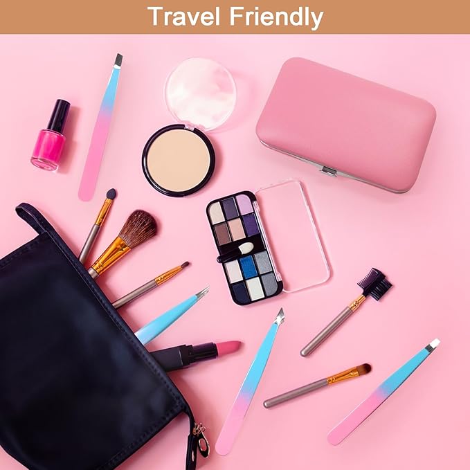 Eyebrow Tweezers Set for Women - 7 Pcs Professional Eyebrow Grooming Kit Stainless Steel Eyebrow Trim Kit with Curved Scissors for Ingrown Hair (Pink)