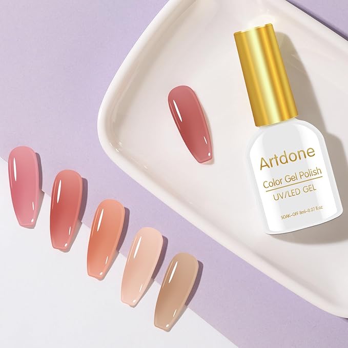 Artdone Sheer Gel Nail Polish Set - 6 Colors Translucent Pink Nude Brown UV Jelly Polish for All Seasons - Neutral Soak off LED Lamp Manicure Kit for Nail Art