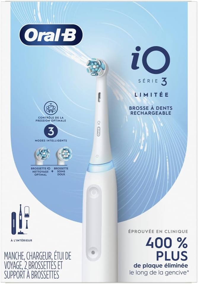 Oral-B iO Deep Clean Rechargeable Electric Powered Toothbrush, White with iO Series 3 Limited, 2 Brush Heads and Travel Case - Pressure Sensor to Protect Gums - 3 Cleaning Settings - 2 Minute Timer