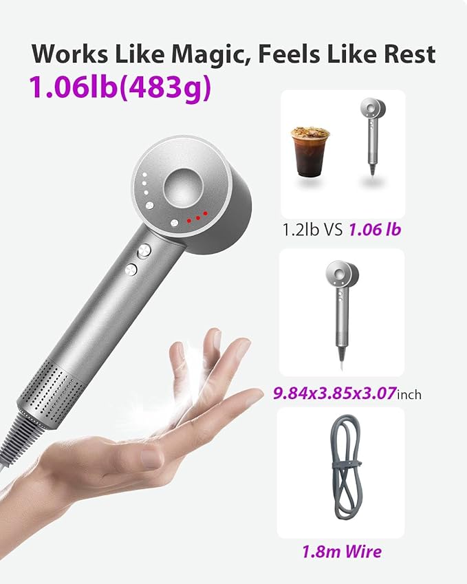 Hair Dryer with Carry Case, 160000 RPM Professional High-Speed Ionic Blow Dryer 200 Millions Negative Ionic & 3 Speeds & 3 Temps & Low Noise, Hairdryer with Diffuser for Faster Drying, Gray