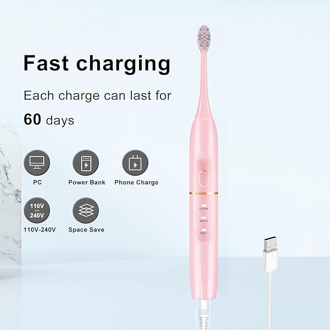 Electric Toothbrush Set, Comes with 8 Brush Heads & Travel Case,4 Modes with 2 Minutes Built in Smart Timer, One Charge for 60 Days, 42000 VPM Motor (Pink)