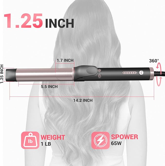 Rotating Automatic Curling Iron for Waves-Curling Wand for Long Hair, Extra Long Barrel Ceramic Hair Curler for Women,Dual Voltage, 5 Temps & 30s Heat-up (Rose Gold, 1.25 inch)