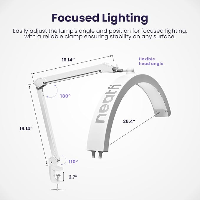 Neatfi Half Moon LED Table Lamp for Estheticians, Nail Tech, and Cosmetician for Manicure Art, Facial, Waxing, Threading and Tattoo, 2500 Lumens, 5 Light Modes (with Clamp, White)