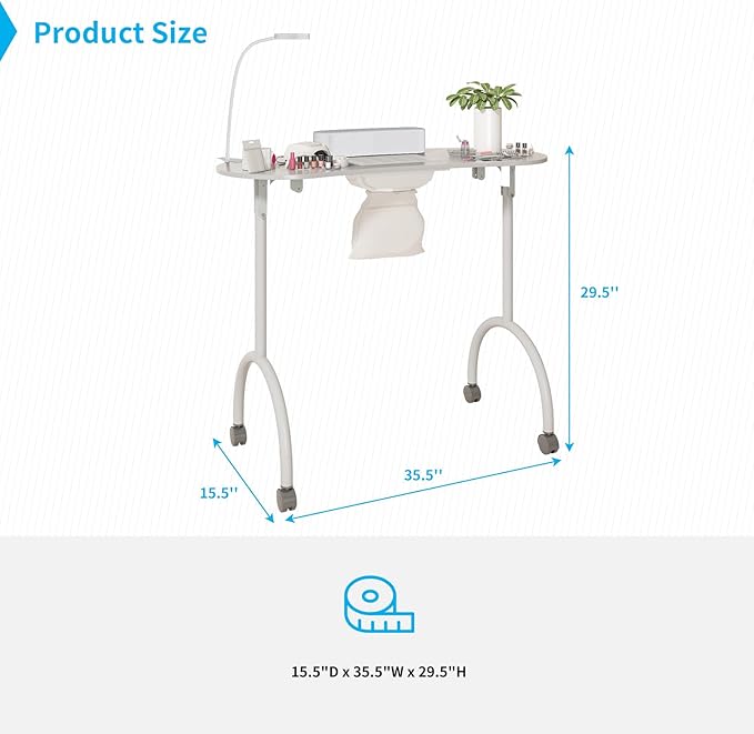 TABU Portable Manicure Nail Table, Foldable Manicure Table with Dust Collector Fan, LED Lamp, 4 Lockable Wheels and Carry Bag, Professional Nail Desk with Wrist Cushion (White)