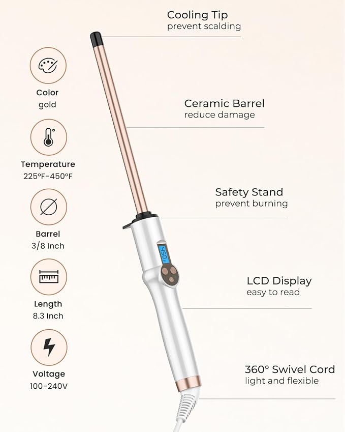 HOSON 1/2 Inch Curling Wand Iron,Ceramic Skinny Curling Wand for Long Hair,Dual Voltage Half Inch Curling Iron Thin Long Barrel,10 Adjustable Temperature