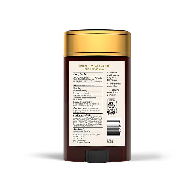 Cremo Italian Bergamot Antiperspirant & Deodorant for Men, 48-hour Sweat and Odor Protection, 2.65oz