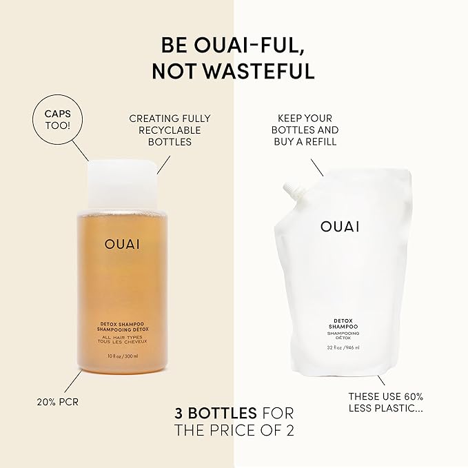 OUAI Detox Shampoo + Refill - Clarifying Shampoo for Build Up, Oil, Product & Hard Water - Apple Cider Vinegar & Keratin for Clean, Refreshed Hair - Sulfate Free Hair Care (2 Count, 10 Oz/32 Oz)