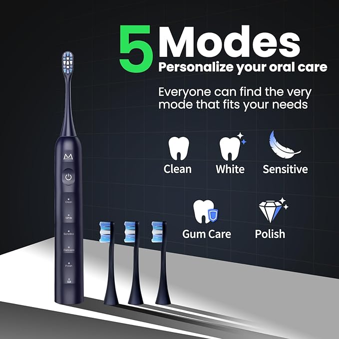 Electric Toothbrush, Marlincare Electric Toothbrush for Adults 180 Days Battery Life Rechargeable with 5 Modes, 48000VPM Motor Smart Timer IPX8, Sonic Toothbrush with 4 Brush Heads &Travel Case, Black