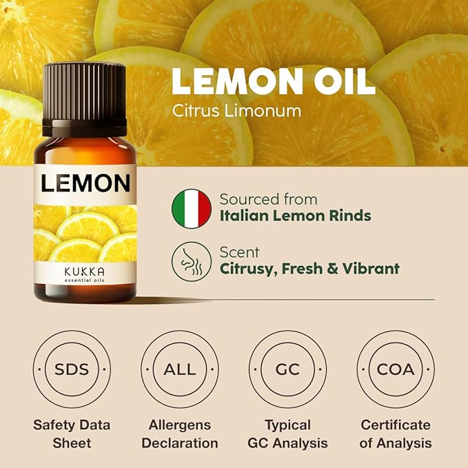 KUKKA Lemon Essential Oils - 0.34 Fl Oz - for Hair, Skin, Diffuser, Aromatherapy & DIY Soap Making Scent