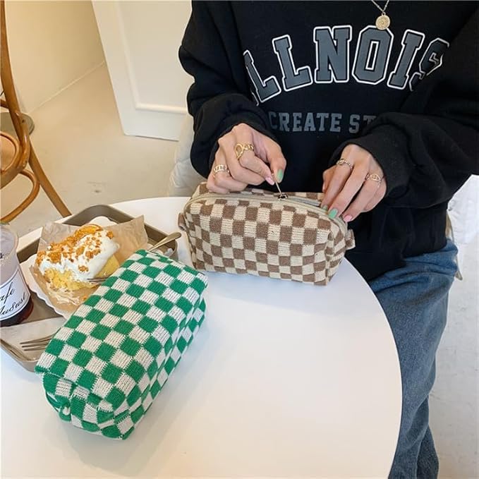 PAZIMIIK Checkered Makeup Bag for Purse Portable Zipper Make Up Pouch Small Cosmetic Case for Travel Accessories (2PCS Coffee)