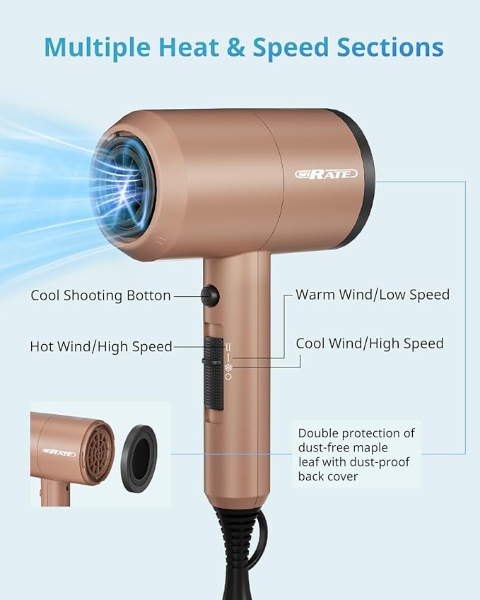 SHRATE Lightweight Ionic Hair Dryer with Diffuser - Powerful 1800W Blow Dryer for Fast Drying - Professional Low Noise Mini Hair Dryer for Travel, Gifts, Hair Styling