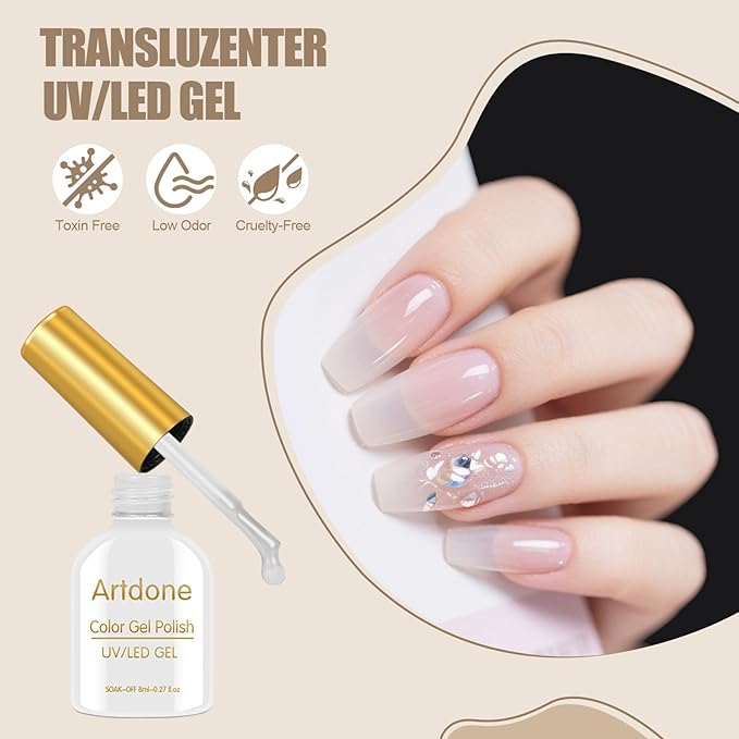 Artdone Sheer Gel Nail Polish Set Jelly UV Gel 6 Colors Translucent Milky White Yellow Light Apricot Red Colors Nail Polish For All Seasons Neutral Soak off LED Lamp Gel Manicure Kit For Nail Art