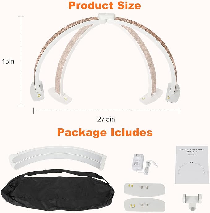 Half Moon Light for Nail Desk with Phone Holder, 28IN Folding Half-Moon Light with Shinning Diamond, LED Lamp for Nail Art, Eyelash Extension, Tattooing, Skin Management, 10 Brightness Levels, Gold