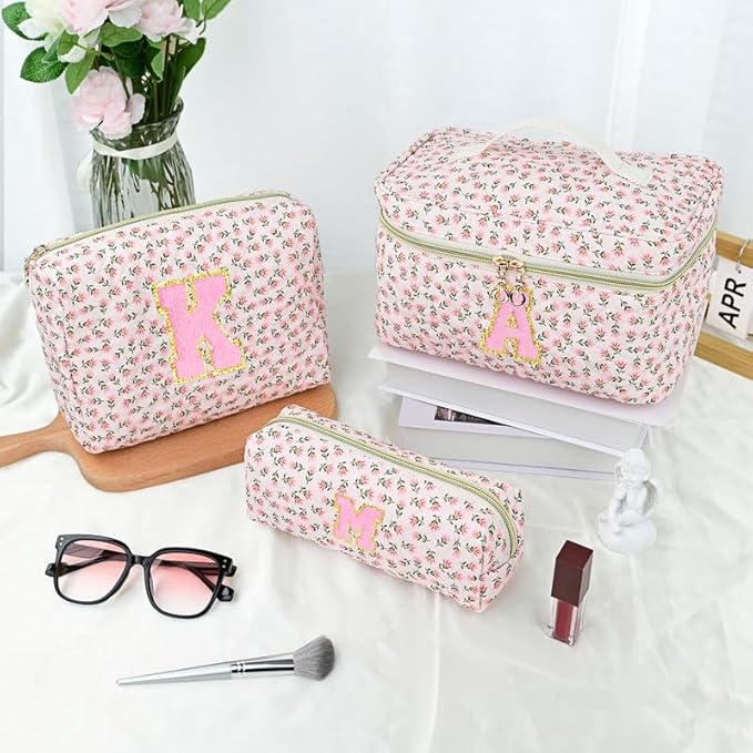 3 PCS Travel Makeup Bag Set,A-Z Initials Cotton Make up Bag Floral Quilted Cosmetic Bag for Girls and Women,Personalized Christmas Gifts,Cute Toiletry Travel Accessories Brushes Bags-S