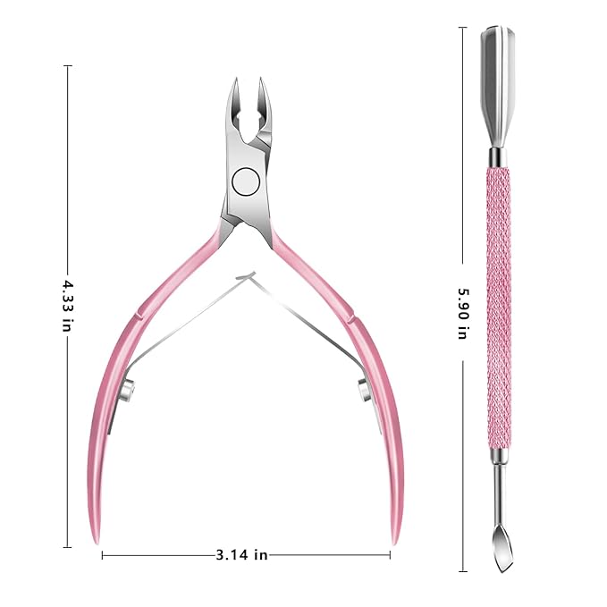 Cuticle Trimmer with Cuticle Pusher and Scissors, Cuticle Remover Professional Durable Pedicure Manicure Tools, Stainless Steel Cuticle Nipper Cutter Clipper (Pink Pusher)
