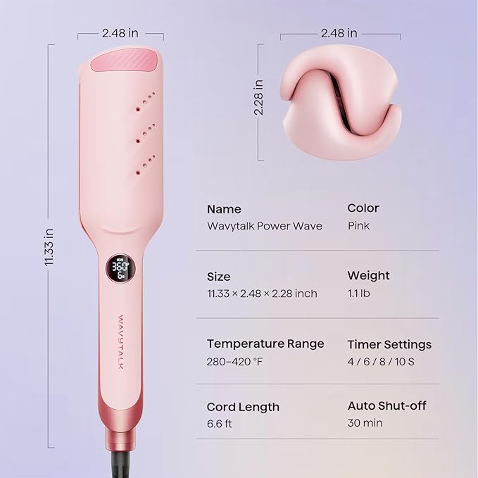 Wavytalk Power Wave Hair Crimper, Curling Iron Waver for Women, Beach Waves Curling Wand, Ventilation Design for Less Damage, Ionic Reduces Frizz, Lightweight Curler, Dual Voltage Crimping Iron, Pink