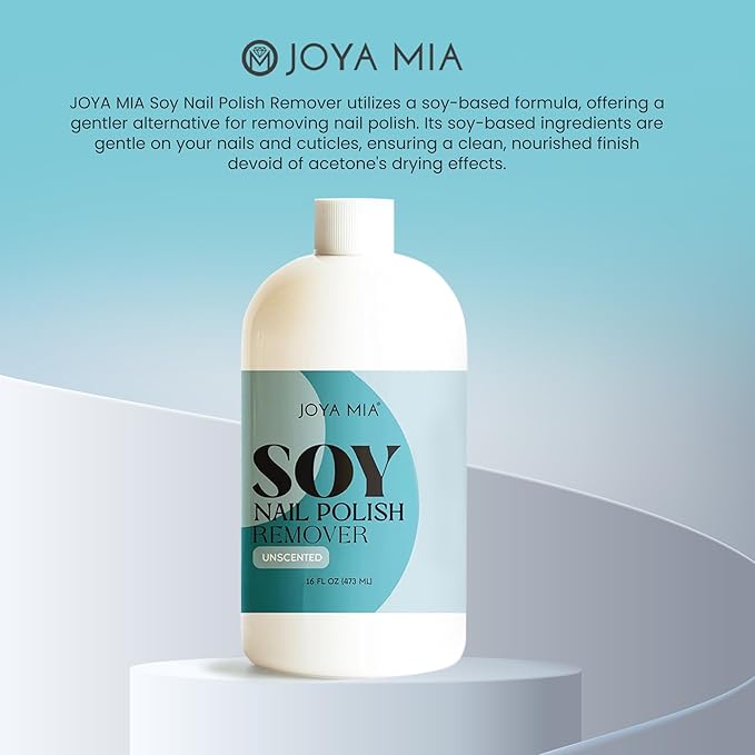 JOYA MIA Soy Nail Polish Remover - Acetone-Free w/Hydrating Ingredients, Nourishing Soy-Based Nail Care, Vegan, Gentle on Cuticles, Great for Quick & Clean Removal, Easy Application - Unscented, 16oz