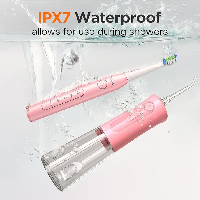 Bitvae Water Dental Flosser Teeth Picks - Cordless Portable Oral Irrigator, 5 Modes Sonic Electric Toothbrush with 3 Modes & 5 intensities Water Teeth Cleaner Combo, Quartz Pink