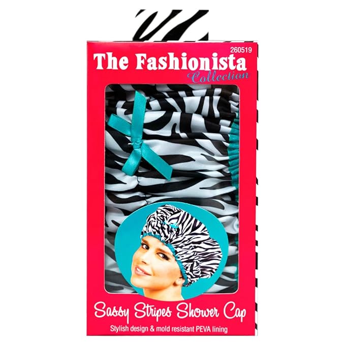Reusable Shower & Bath Cap & Lined, Oversized Waterproof Shower Caps Large Designed for all Hair Lengths with PEVA Lining & Elastic Band Stretch Hem Hair Hat - Fashionista Sassy Stripes