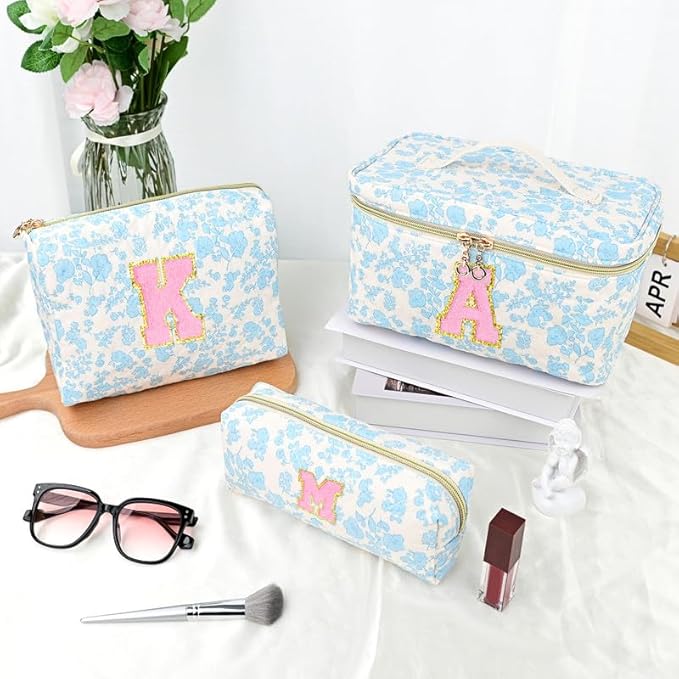 3 PCS Travel Makeup Bag Set,A-Z Initials Cotton Make up Bag Floral Quilted Cosmetic Bag for Girls and Women,Personalized Christmas Gifts,Cute Toiletry Travel Accessories Brushes Bags-W