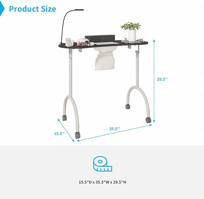 TABU Portable Manicure Nail Table, Foldable Manicure Table with Dust Collector Fan, LED Lamp, 4 Lockable Wheels and Carry Bag, Professional Nail Desk with Wrist Cushion (Black)