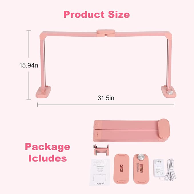 34in Half Moon Light for Nail Desk, Foldable LED Lamp for Nail Art, Tattooing, Craft Making, Stepless Dimming, 3000-6000K Color Temperature Adjustment, 456 Light Beads, Pink