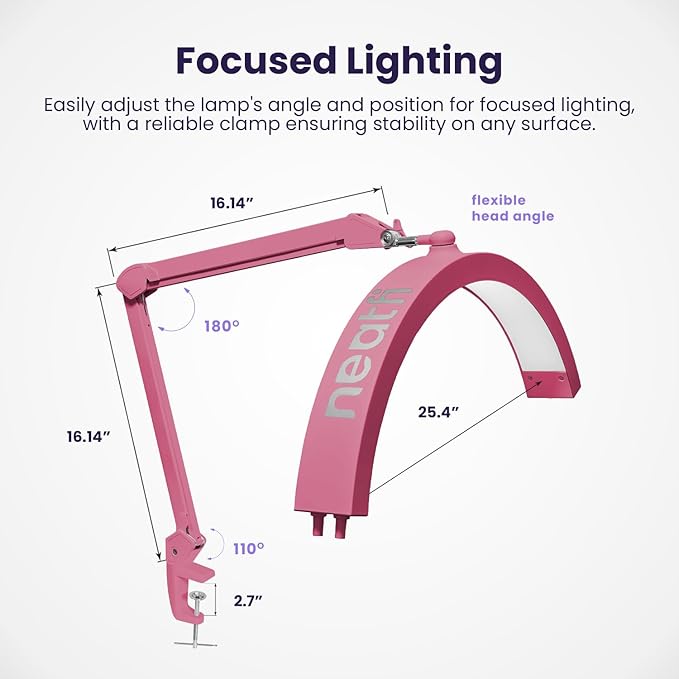 Neatfi Half Moon LED Table Lamp for Estheticians, Nail Tech, and Cosmetician for Manicure Art, Facial, Waxing, Threading and Tattoo, 2500 Lumens, 5 Light Modes (with Clamp, Pink)