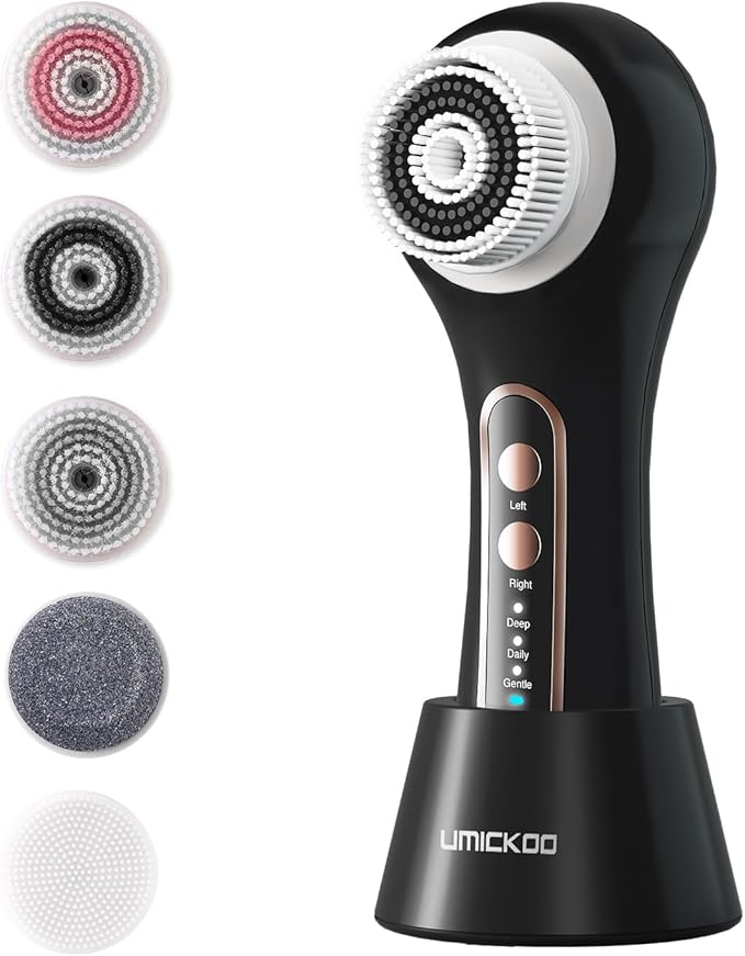 Face Scrubber Exfoliator, Rechargeable Facial Cleansing Brush with 2-Way Rotation & 3 Modes, 30-Day Runtime, 5 Brush Heads for SPA-Level Care, IPX7 Waterproof, Deep Cleaning for All Skin Types