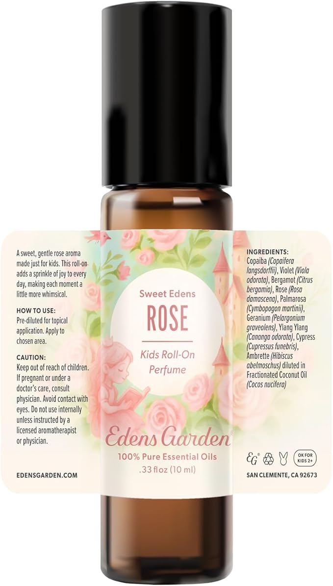 Edens Garden Rose Kids Roll-On Perfume – Pre-Diluted Essential Oil Floral Blend, Natural Aromatherapy, Skin Safe Gift for Girls, 10 ml (.33 fl oz)