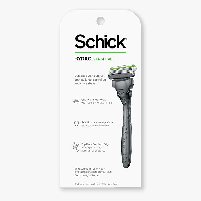 Schick Hydro Sensitive Razor, 1 Razor Handle and 3 Cartridges | Razors for Men Sensitive Skin, 5 Blade Razor Men, Mens Razors for Shaving, Razor Blades for Men, 1 Handle with 3 Razor Blades Refills