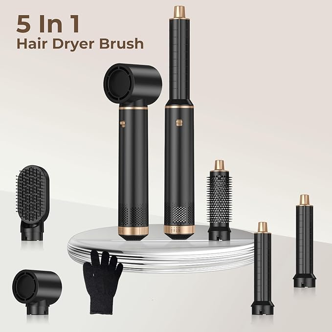 5 in 1 Hair Dryer Brush Set, Air Curler Wrap Hair Styler Blow Dryer Brush with 3 Temps, Upgrade Negative Ion Hot Air Brush Curling Brush Iron, Hair Styling Tools for Dry Curl Straighten