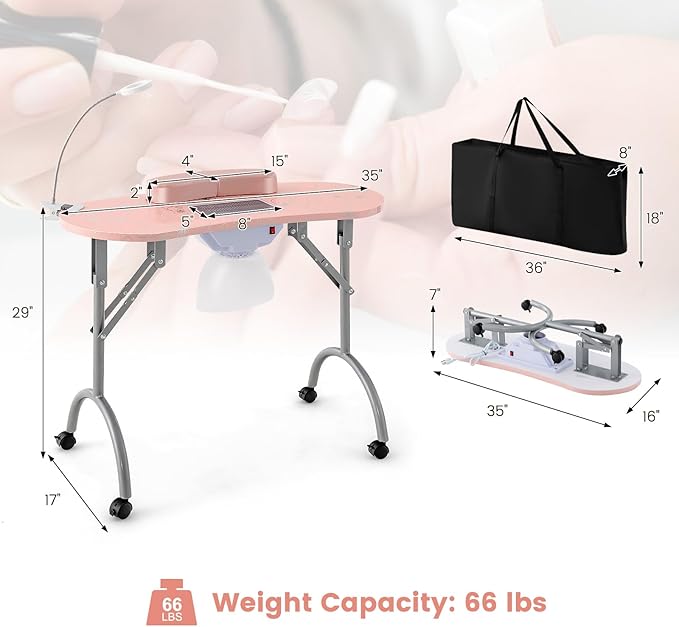 Giantex Nail Table for Nail Tech, Portable Manicure Table with Electric Dust Collector, USB-Plug LED Lamp, Wrist Rest, 4 Lockable Wheels, Foldable Nail Desk with Carry Bag (Pink)