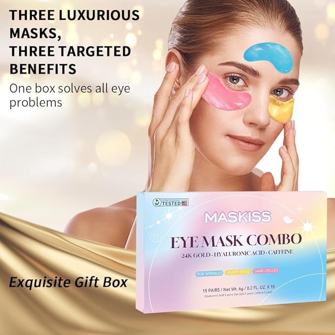 Under Eye Patches (15 Pairs), 3 Colors Eye Masks Gift Set for Dark Circles Puffy Eyes, Undereye Bags and Wrinkles, Bachelorette Party Favors, Skin Care Set Gifts for Women