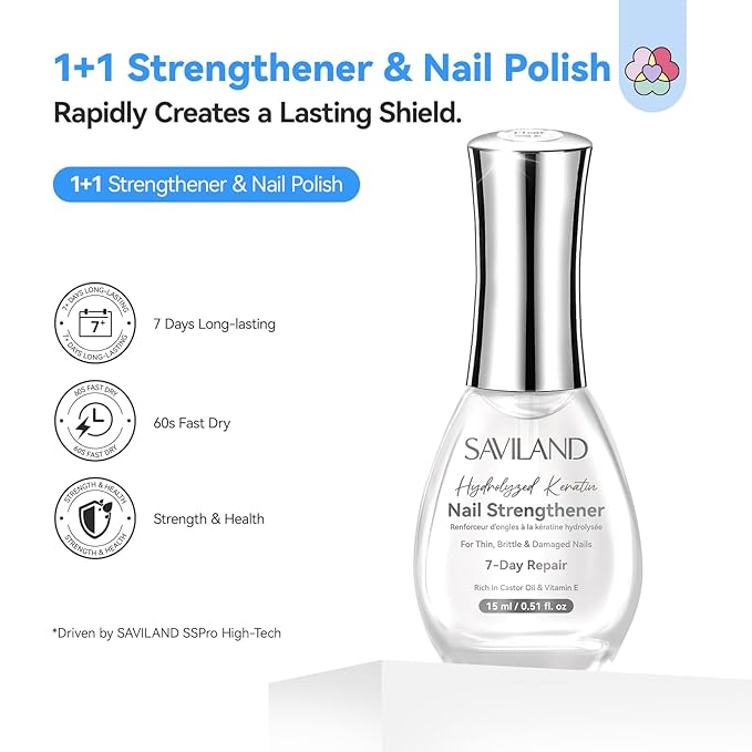 SAVILAND Nail Strengthener: Clear Air Fast Dry Nail Growth for Damaged Nails Transparent Neutral Nail Polish Strengthening Repair Weak & Thin Nails Treatment with Castor Oil Vitamin E 15ml Women Gift