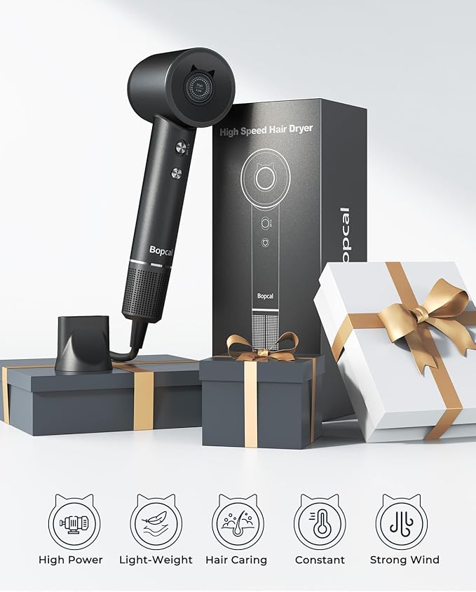 Bopcal Ionic Hair Dryer, 160000 RPM Brushless Motor, Smart Thermo-Control, Negative Ion Fast Drying, Quiet Lightweight Blow Dryer, Cold Air & 4 Heat Settings, for Home Travel Salon, Black