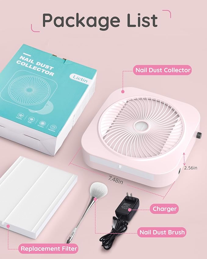 Lictin Nail Dust Collector with Reusable Filter, Adjustable Nail Vacuum Dust Collector Extractor Electric Dust Suction Machine for Acrylic Gel Nail Polishing Pink