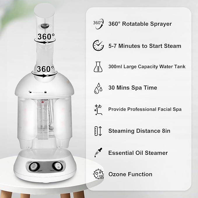 Nano Ionic Facial Steamer with Removable Water Cup, Face Steamer 360° Rotatable Sprayer Warm Mist Face Humidifier for Home and Beauty Salon, Facial Deep Cleaning (White)