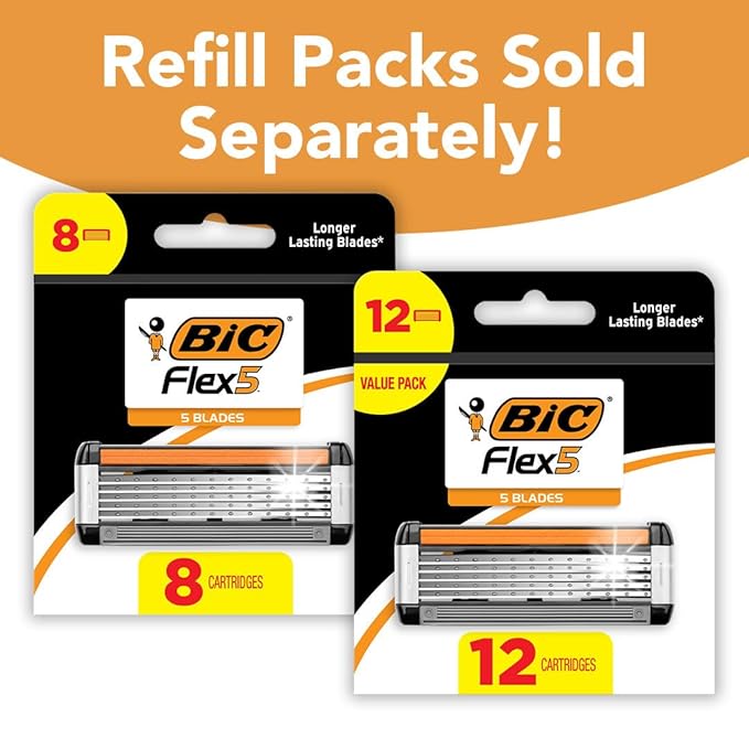 BIC Flex 5 Refillable Razors for Men, Long-Lasting 5 Blade Razors Refills for a Smooth and Comfortable Shave, 8 Razor Cartridges
