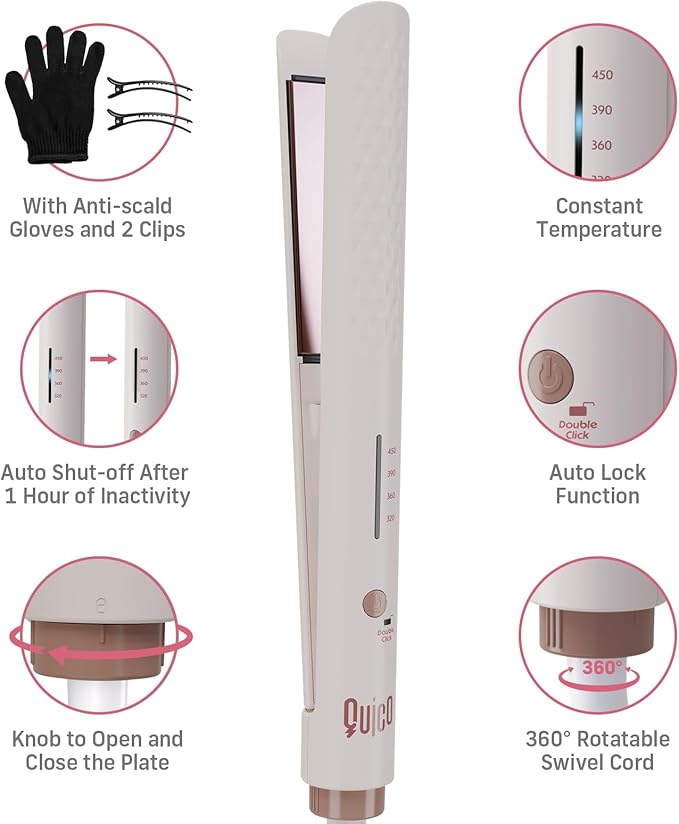 Quico Hair Straightener, 110-240V Global Travel Hair Straighteners for Women, 15s Fast Heating, Professional Negative Ion Flat Iron, Temp Memory, 320β-450β, Auto-Off, with Glove and Clips, Gift, Pink