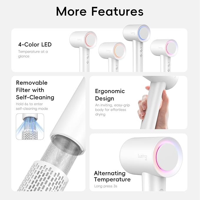 Hair Dryer, TurboLux Ionic 200 Million Negative Ions 1500W Fast Drying High Speed Hairdryer with Diffuser, Lightweight, Low Noise Hair Dryers for Women with 110000 RPM Brushless Motor (Pearl White)